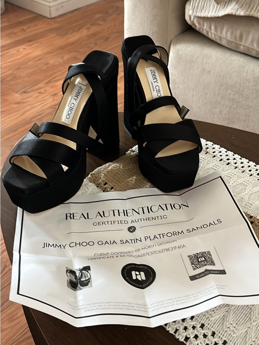 Jimmy Choo Black Satin Gaia Platform Sandals with COA